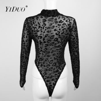 YiDuo 2022 Spring Fitness Body с дълъг ръкав Mujer See Through Дамски секси черни мрежести бодита с леопардов принт Клубни топове Streetwear