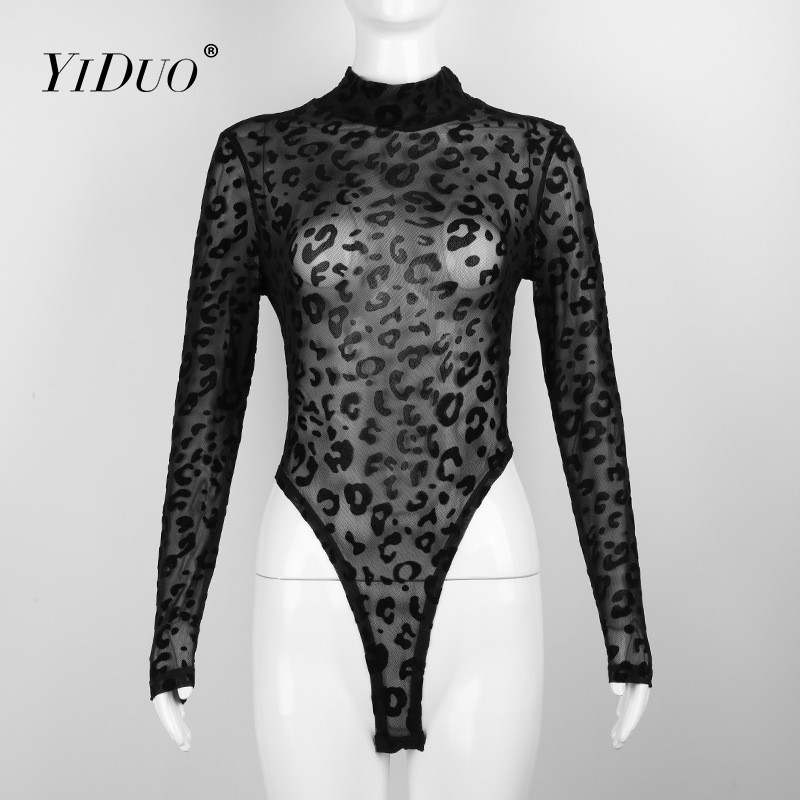 YiDuo 2022 de primăvară fitness body cu mânecă lungă pentru femeie cu imprimeu leopard pentru femei, sexy, negru, cu plasă, topuri de club, îmbrăcăminte de stradă