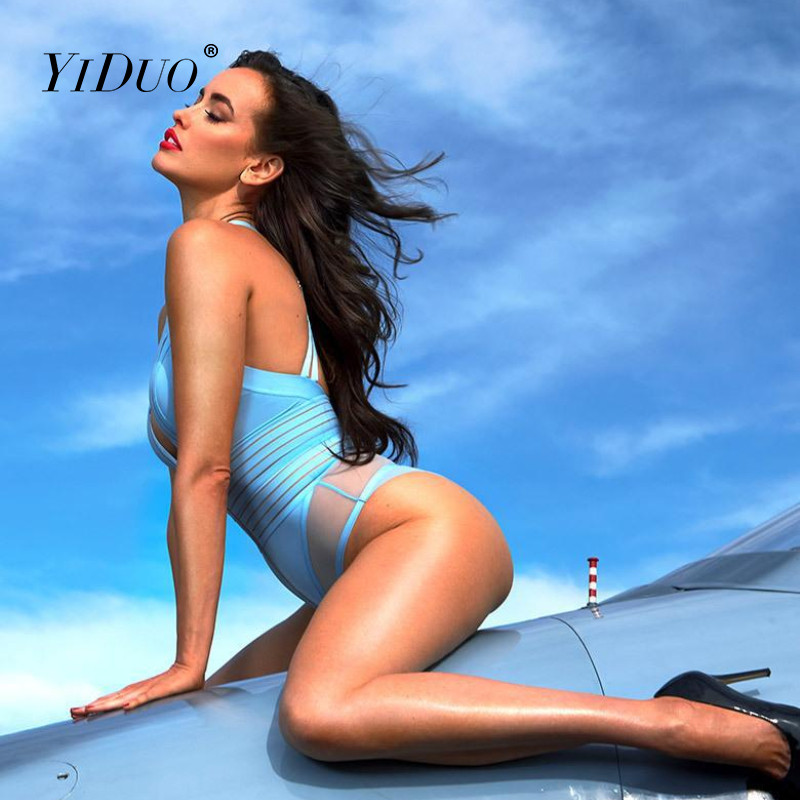 YiDuo Femei, albastru, cu decolteu în V, cu fermoar, bustieră, sexy, slabă, bandaj, plasă, club, topuri de petrecere, corp, salopete de vară