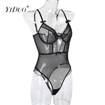 YiDuo Women Festival See Through Bow Ruffles Секси черно мрежесто боди Body Catsuit боди женское Club Party Bodycon Underwire Top