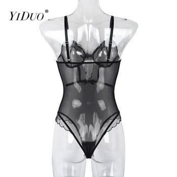 YiDuo Women Festival See Through Bow Ruffles Секси черно мрежесто боди Body Catsuit боди женское Club Party Bodycon Underwire Top