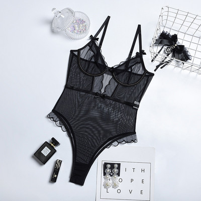 YiDuo Women Festival See Through Bow Ruffles Seksi crni mrežasti bodi Body Catsuit bodi ženski Club Party Bodycon Bodycon Underwire Top