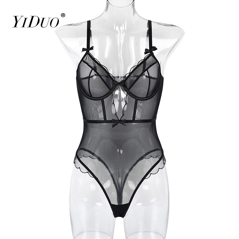 YiDuo Women Festival See Through Bow Ruffles Seksi crni mrežasti bodi Body Catsuit bodi ženski Club Party Bodycon Bodycon Underwire Top