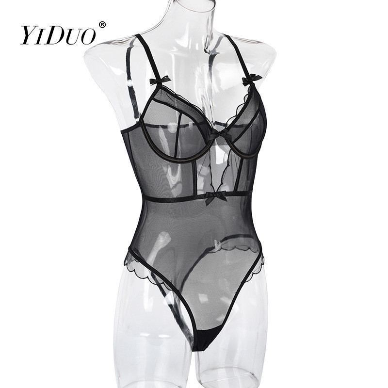 YiDuo Women Festival See Through Bow Ruffles Seksi crni mrežasti bodi Body Catsuit bodi ženski Club Party Bodycon Bodycon Underwire Top