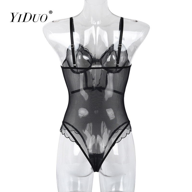 YiDuo Women Festival See Through Bow Ruffles Seksi crni mrežasti bodi Body Catsuit bodi ženski Club Party Bodycon Bodycon Underwire Top