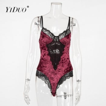 YiDuo Sexy Velvet Φορμάκι Γυναικείο Διαφανές Patchwork Σώμα Wireless Bodycon One Piece Tops Party V-Neck Γυναικείο κορμάκι με δαντέλα