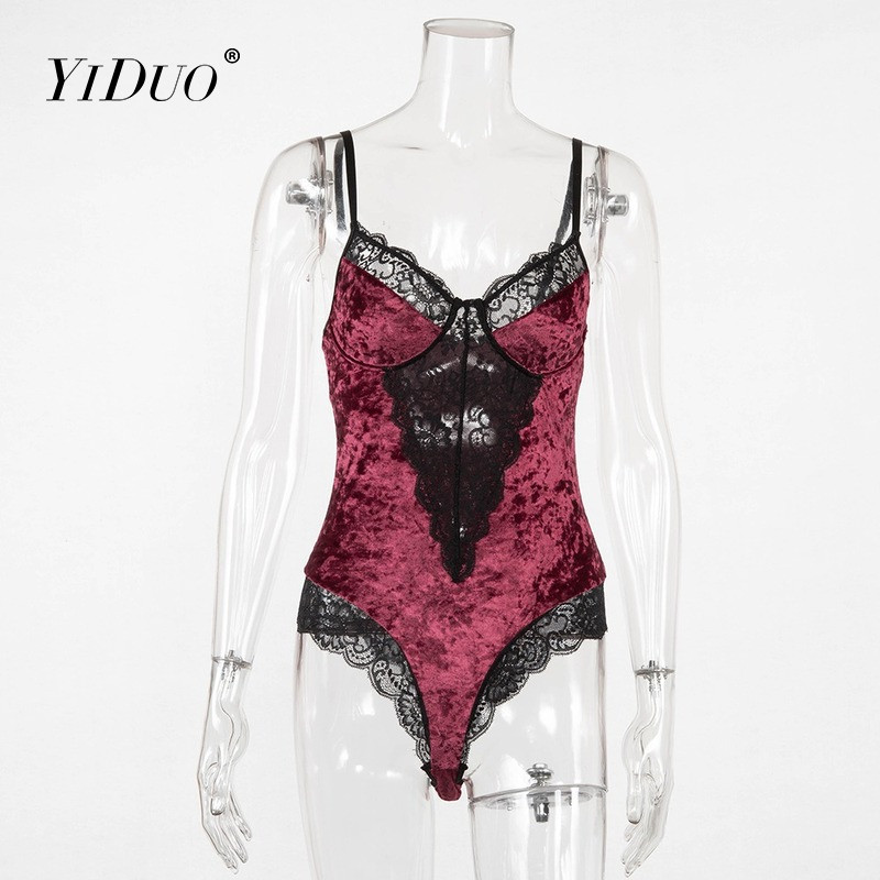 YiDuo Sexy Samve Bodysuit Sieviešu Caurspīdīgs Patchwork Body Wireless Bodycon One Piece Tops Sieviešu mežģīņu bodijs ar V veida kakla izgriezumu