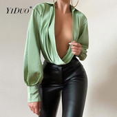 YiDuo Body cu mâneci lungi, sexy, drapat, pentru femei Topuri, salopete subțiri, cu decolteu în V adânc, din plasă de satin, Body pentru petrecere 2022 șic