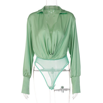 YiDuo Body cu mâneci lungi, sexy, drapat, pentru femei Topuri, salopete subțiri, cu decolteu în V adânc, din plasă de satin, Body pentru petrecere 2022 șic