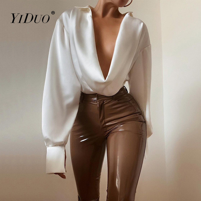 YiDuo Body cu mâneci lungi, sexy, drapat, pentru femei Topuri, salopete subțiri, cu decolteu în V adânc, din plasă de satin, Body pentru petrecere 2022 șic