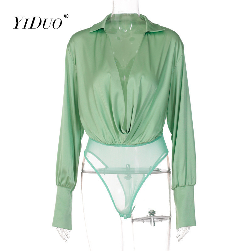 YiDuo Body cu mâneci lungi, sexy, drapat, pentru femei Topuri, salopete subțiri, cu decolteu în V adânc, din plasă de satin, Body pentru petrecere 2022 șic