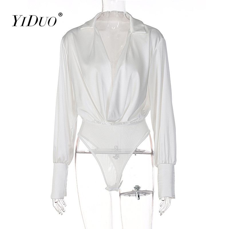 YiDuo Body cu mâneci lungi, sexy, drapat, pentru femei Topuri, salopete subțiri, cu decolteu în V adânc, din plasă de satin, Body pentru petrecere 2022 șic