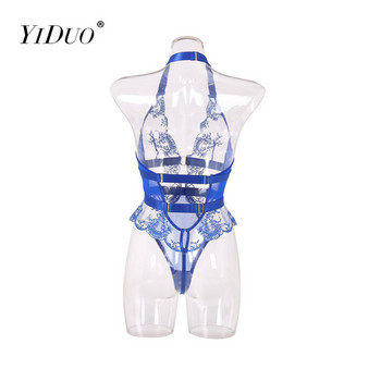 YiDuo 2022 Μπλε εσώρουχα με εξώπλατο κορμάκι γυμναστικής Γυναικεία δαντέλα Διαφανές κορμάκι Top Hot Halter Φόρμουλα με φλοράλ κέντημα Bodycon