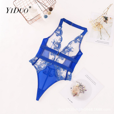 YiDuo 2022 Body de lenjerie albastru fără spate Fitness femei din dantelă transparentă Top cu corp cald Halter cu broderie florală salopete bodycon