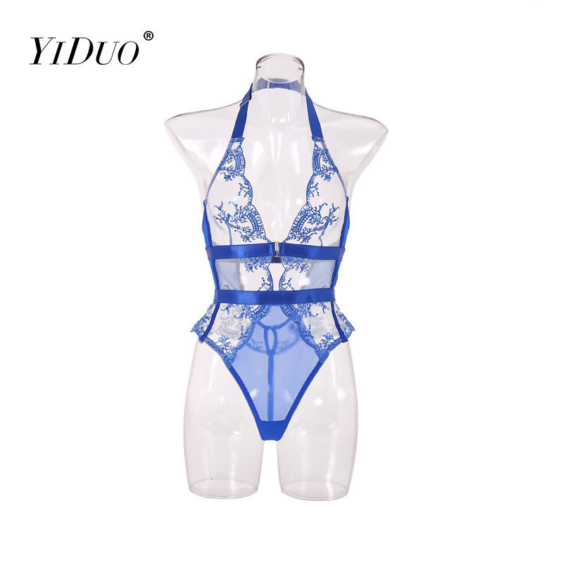 YiDuo 2022 Body de lenjerie albastru fără spate Fitness femei din dantelă transparentă Top cu corp cald Halter cu broderie florală salopete bodycon