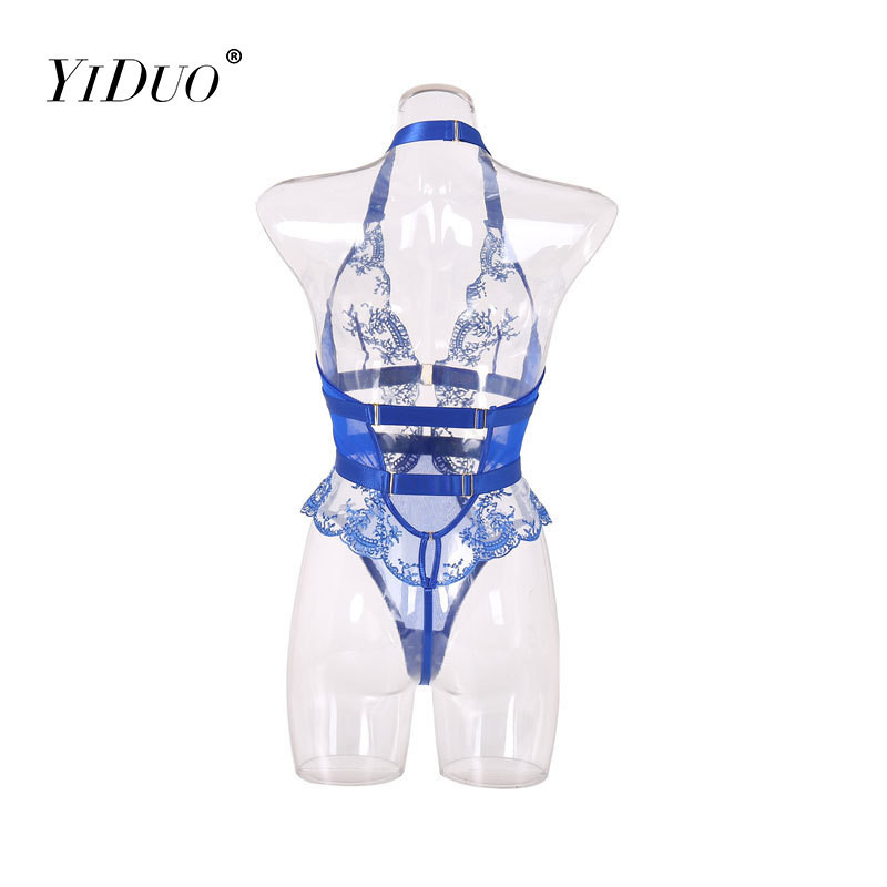 YiDuo 2022 Body de lenjerie albastru fără spate Fitness femei din dantelă transparentă Top cu corp cald Halter cu broderie florală salopete bodycon