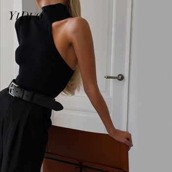 YiDuo 2022 Άνοιξη με έναν ώμο με ριμπ πλεκτό μαύρο γυναικείο κορμάκι με κοκαλιάρικο μπλουζάκι για πάρτι Σέξι κομμένα τσόκερ κορμάκια
