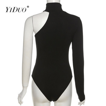 YiDuo 2022, пролет, едно рамо, оребрено модно черно боди, дамско тесно боди, парти секси изрязани чокър бодита