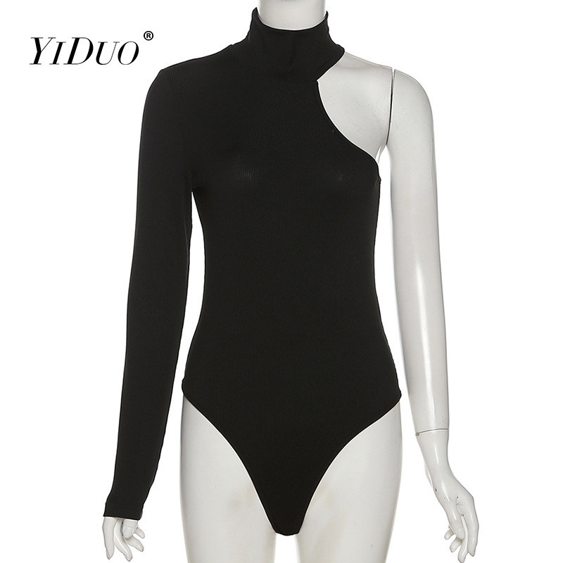 YiDuo 2022. Proljeće 2022. Rebrasti modni crni bodi na jedno rame Ženski uski gornji dijelovi tijela Seksi izrezani bodi s oglavcima