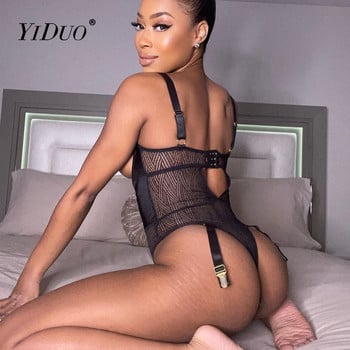 YiDuo Sensual Lingerie Bodysuit Women Porn Erotic Body Lace Up Sexy Body Doll Мрежесто комбинезон с кости Черни бодита на гърдите