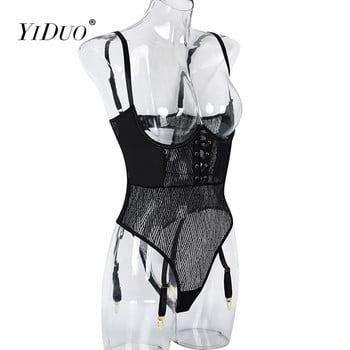 YiDuo Sensual Lingerie Bodysuit Women Porn Erotic Body Lace Up Sexy Body Doll Мрежесто комбинезон с кости Черни бодита на гърдите