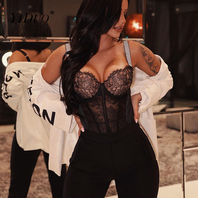 YiDuo egyrészes női szexi fekete csipke Club Party Body felső karcsú szatén hálós fűző Bodysuit Spaghetti Strap Teddies body jumpsuit