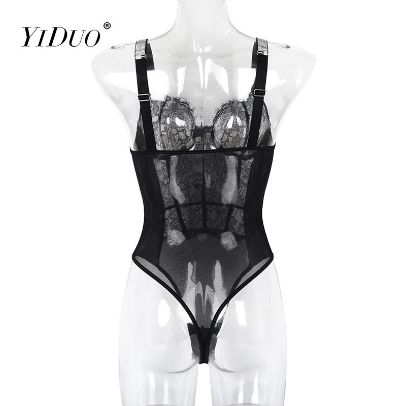 YiDuo Body dintr-o singură bucată pentru femei, sexy, din dantela neagră, pentru petrecere, în club, pentru corp, subțire, din plasă de satin.