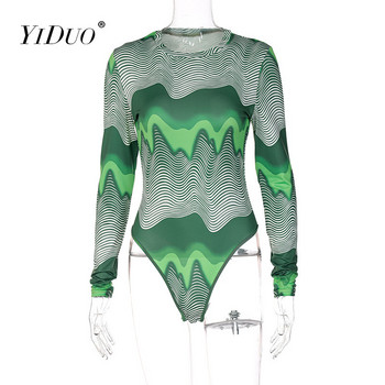 YiDuo Цифров печат с дълъг ръкав и О-образно деколте Секси боди Зимно дамско коледно парти Club Bodycon Rompers Slim Body Suit Tops 2021