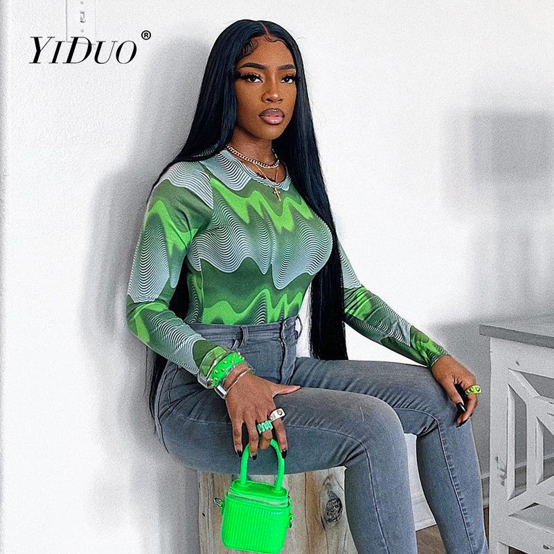 YiDuo digitaaltrükiga pikkade varrukatega ja kaelusega seksikas body, talvine naiste jõulupidu, klubi Bodycon Rompers õhukesed ülikonnatopid 2021