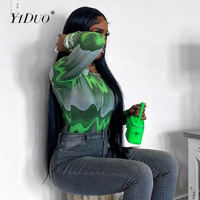 YiDuo digitaaltrükiga pikkade varrukatega ja kaelusega seksikas body, talvine naiste jõulupidu, klubi Bodycon Rompers õhukesed ülikonnatopid 2021