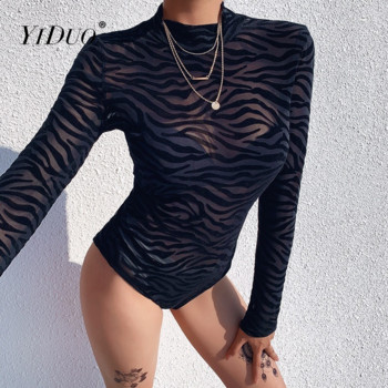 YiDuo 2022 Άνοιξη Νέα Γυναικεία Μόδα Ζέβρα Ζέβρα Ολόσωμη φόρμα με μακρύ μανίκι λεπτή σέξι μαύρη δικτυωτή φόρμα Streetwear