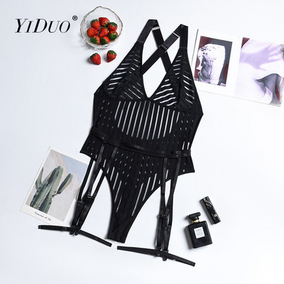 Body de lenjerie în dungi YiDuo, cu decolteu în V, fără mâneci, sexy, sexy, din plasă neagră, Catsuit, pentru femei, cu bandaj, club de top