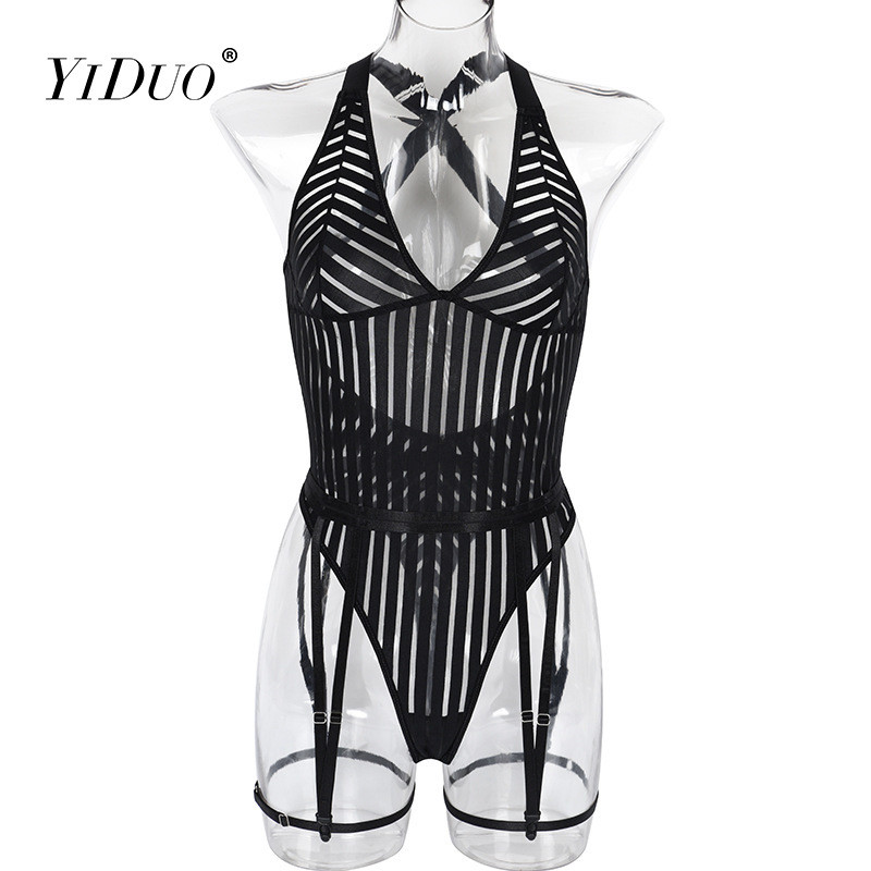 Body de lenjerie în dungi YiDuo, cu decolteu în V, fără mâneci, sexy, sexy, din plasă neagră, Catsuit, pentru femei, cu bandaj, club de top