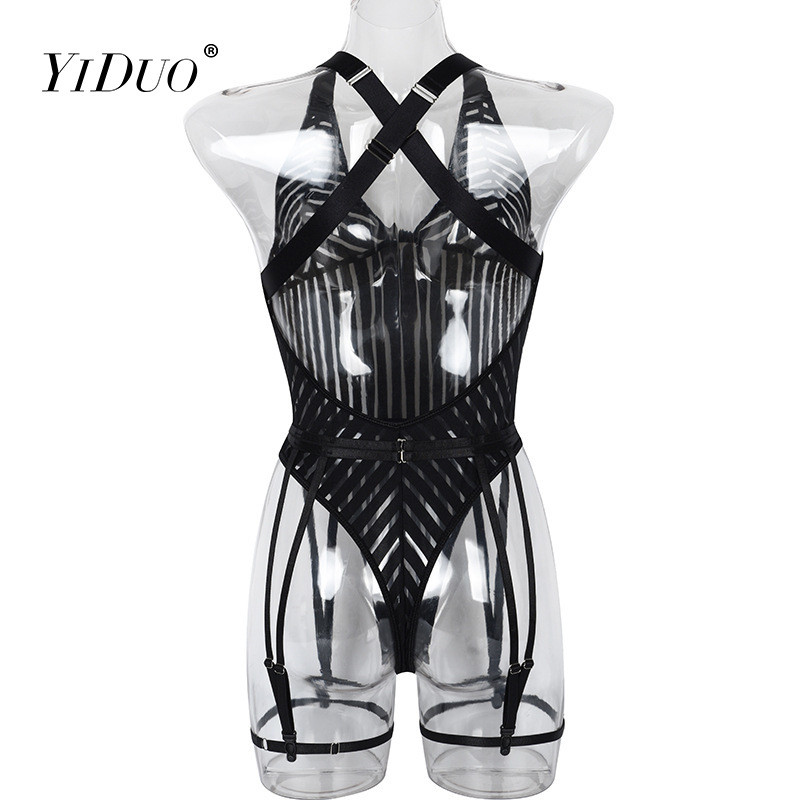 Body de lenjerie în dungi YiDuo, cu decolteu în V, fără mâneci, sexy, sexy, din plasă neagră, Catsuit, pentru femei, cu bandaj, club de top