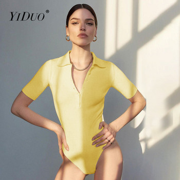 YiDuo 2021 лято с поло деколте с къс ръкав и копчета Дамски секси гащеризон с тесни тесни еластични ежедневни плетени модни горнища