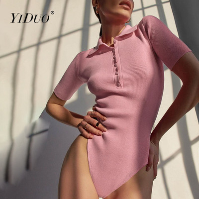 YiDuo 2021 лято с поло деколте с къс ръкав и копчета Дамски секси гащеризон с тесни тесни еластични ежедневни плетени модни горнища