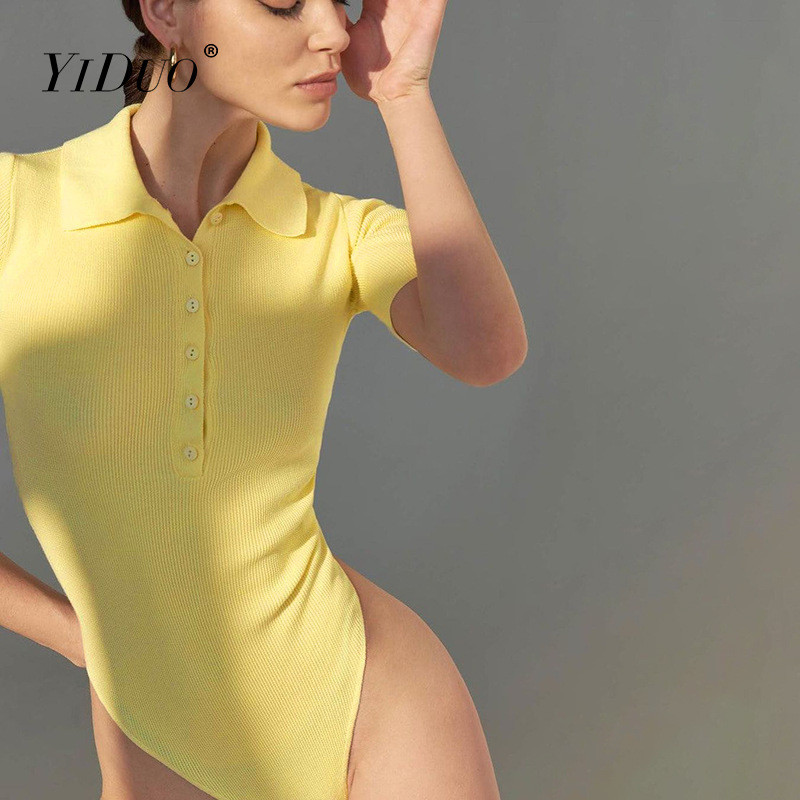 YiDuo 2021 Καλοκαιρινό πόλο με λαιμόκοψη με κοντό μανίκι γυναικείο κορμάκι με σέξι φόρμα κορμιού Skinny ελαστικά, καθημερινά πλεκτά μπλουζάκια μόδας
