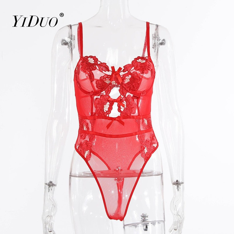 YiDuo bodi s crvenim cvjetnim vezom Ženski bodi s čipkom i zavojima Seksi bodi bez rukava s prozirnim mrežastim donjim rubljem