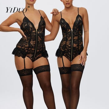 YiDuo Women Fitness Sexy Ruffles Μαύρο κορμάκι δαντέλα με φερμουάρ Catsuit 2022 New One Piece Body See Through Top Clubwear Ολόσωμες φόρμες