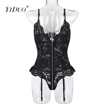 YiDuo Women Fitness Sexy Ruffles Μαύρο κορμάκι δαντέλα με φερμουάρ Catsuit 2022 New One Piece Body See Through Top Clubwear Ολόσωμες φόρμες