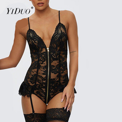 YiDuo Women Fitness Sexy Ruffles Black Lace Bodysuit Zipper Catsuit 2022 Novi jednodijelni Body Through Top Clubwear Kombinezoni