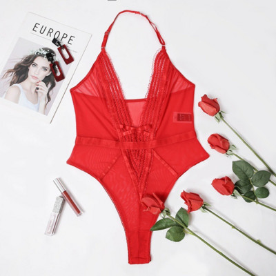 Body roșu YiDuo pentru femei, cu decolteu în V adânc, costume erotice, fără spate, dantelă, sexy,  pentru corp Vedeți prin plușuri, costum de Crăciun
