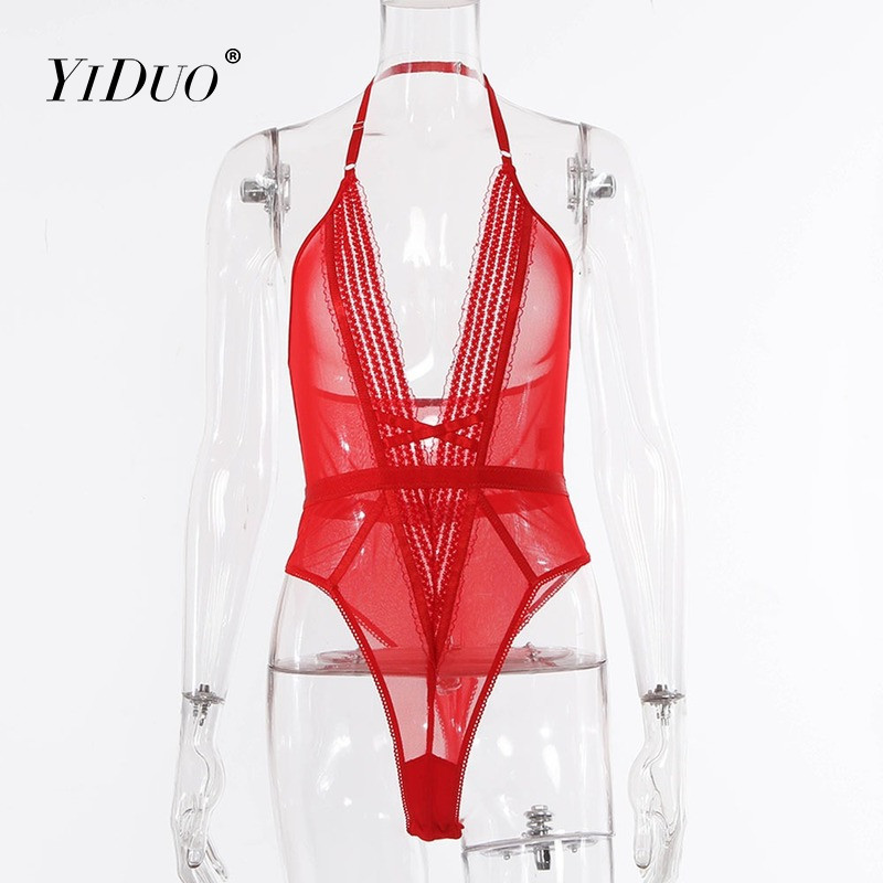 Body roșu YiDuo pentru femei, cu decolteu în V adânc, costume erotice, fără spate, dantelă, sexy,  pentru corp Vedeți prin plușuri, costum de Crăciun