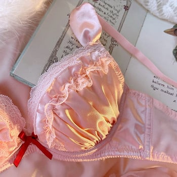 Розов комплект сутиен Lolita Princess Bralette Бельо Безшевни заешки уши Push Up сутиен и бикини Комплект бельо Жени Момичета