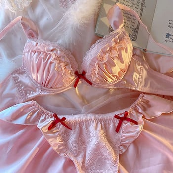 Розов комплект сутиен Lolita Princess Bralette Бельо Безшевни заешки уши Push Up сутиен и бикини Комплект бельо Жени Момичета