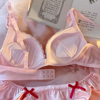 Розов комплект сутиен Lolita Princess Bralette Бельо Безшевни заешки уши Push Up сутиен и бикини Комплект бельо Жени Момичета