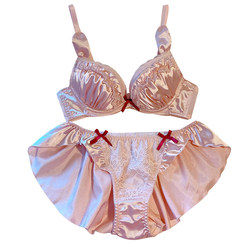 Set sutien roz prințesă Lolita Lenjerie lenjerie fără sudură, urechi de iepure, set sutien push up și chiloți cu sârmă, femei fete