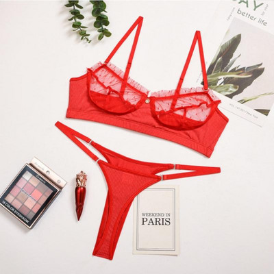 Set de lenjerie din dantelă din plasă pentru femei 2 bucăți Sutien G-String & Lenjerie Set de bralette transparent Lenjerie de corp sexy Set sutien fără sudură