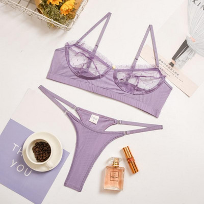 Set de lenjerie din dantelă din plasă pentru femei 2 bucăți Sutien G-String & Lenjerie Set de bralette transparent Lenjerie de corp sexy Set sutien fără sudură