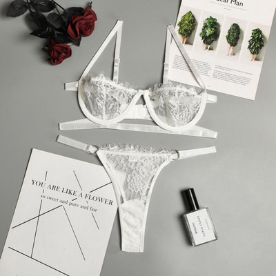 Set de lenjerie din dantelă din plasă pentru femei 2 bucăți Sutien G-String & Lenjerie Set de bralette transparent Lenjerie de corp sexy Set sutien fără sudură